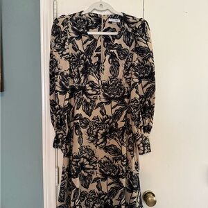 Calvin Klein Beige Dress with Navy Floral Print - Long Sleeve